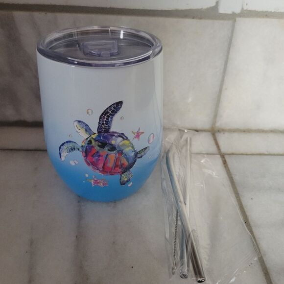 Blue Permanent Vivid Print Sea turtle Insulated Stainless Steel Wine Tumbler NWT - Picture 1 of 8